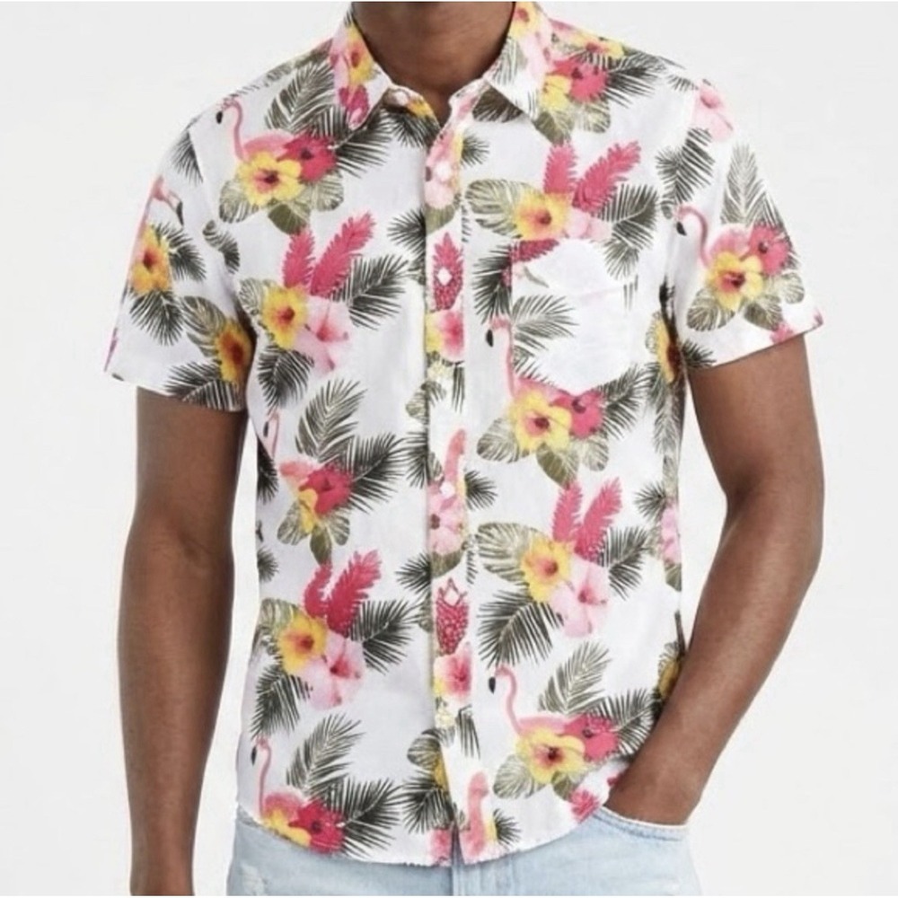 Levi's Kharl Camp Hawaiian Shirt ft a Tropical Flamingo &‎ Hibiscus Print Size L